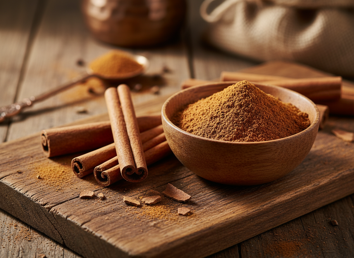 Cinnamon sticks and ground cinnamon powder in a small bowl on a warm rustic surface