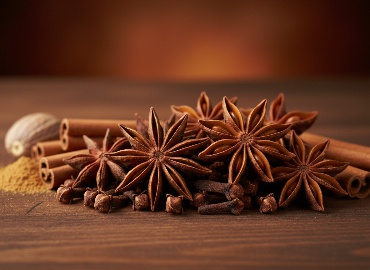 Whole cloves and star anise arranged together on a dark warm background