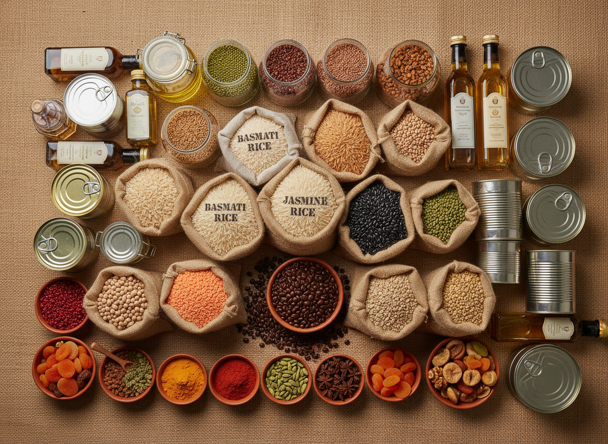 Wide overhead flat-lay of assorted FMCG wholesale food products arranged on a warm neutral surface