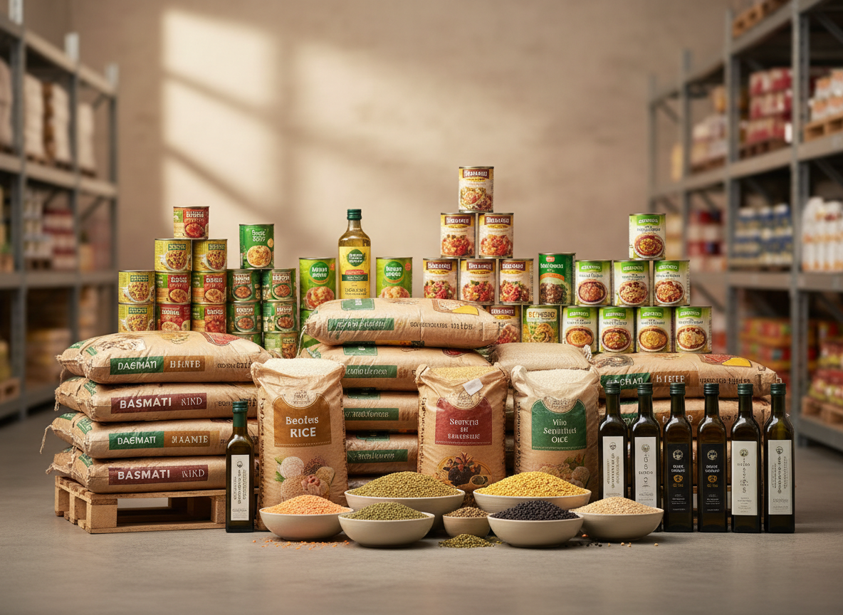 Assorted FMCG grocery products neatly organized in a professional warehouse setting