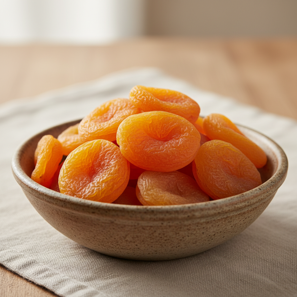 A high-quality appetizing product photograph of dried apricots for a grocery product card, warm natural lighting, clean uncluttered composition, rustic bowl with bright orange dried apricots, beige neutral background, suitable for a square product-card image.