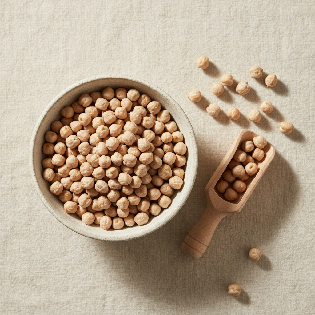 A fresh alternative premium product image for dry Kabuli chickpeas: a stylish overhead editorial composition with chickpeas in a matte ceramic bowl beside a small wooden scoop and a few scattered chickpeas on a warm cream linen background, natural soft daylight, sophisticated gourmet food photography, no packaging, no text, square composition.