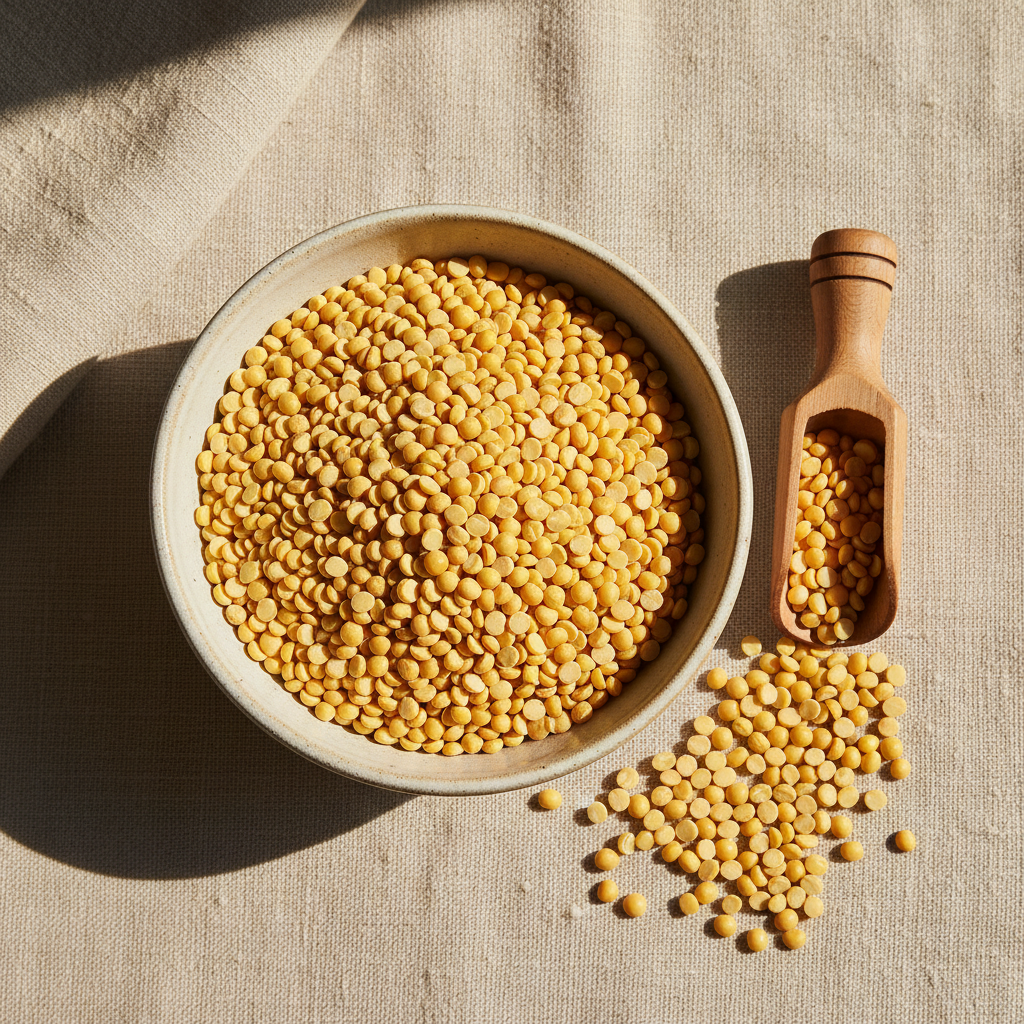 A fresh alternative premium product image for split yellow mung lentils: styled overhead editorial composition with golden lentils in a matte ceramic bowl beside a small wooden scoop and a few scattered lentils on warm cream linen, natural soft daylight, sophisticated gourmet food photography, no packaging, no text, square composition.