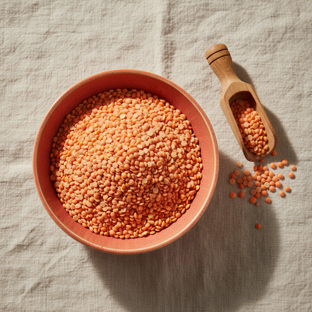 A fresh alternative premium product image for red split lentils: styled overhead editorial composition with coral red lentils in a matte ceramic bowl beside a small wooden scoop and a few scattered lentils on warm cream linen, natural soft daylight, sophisticated gourmet food photography, no packaging, no text, square composition.
