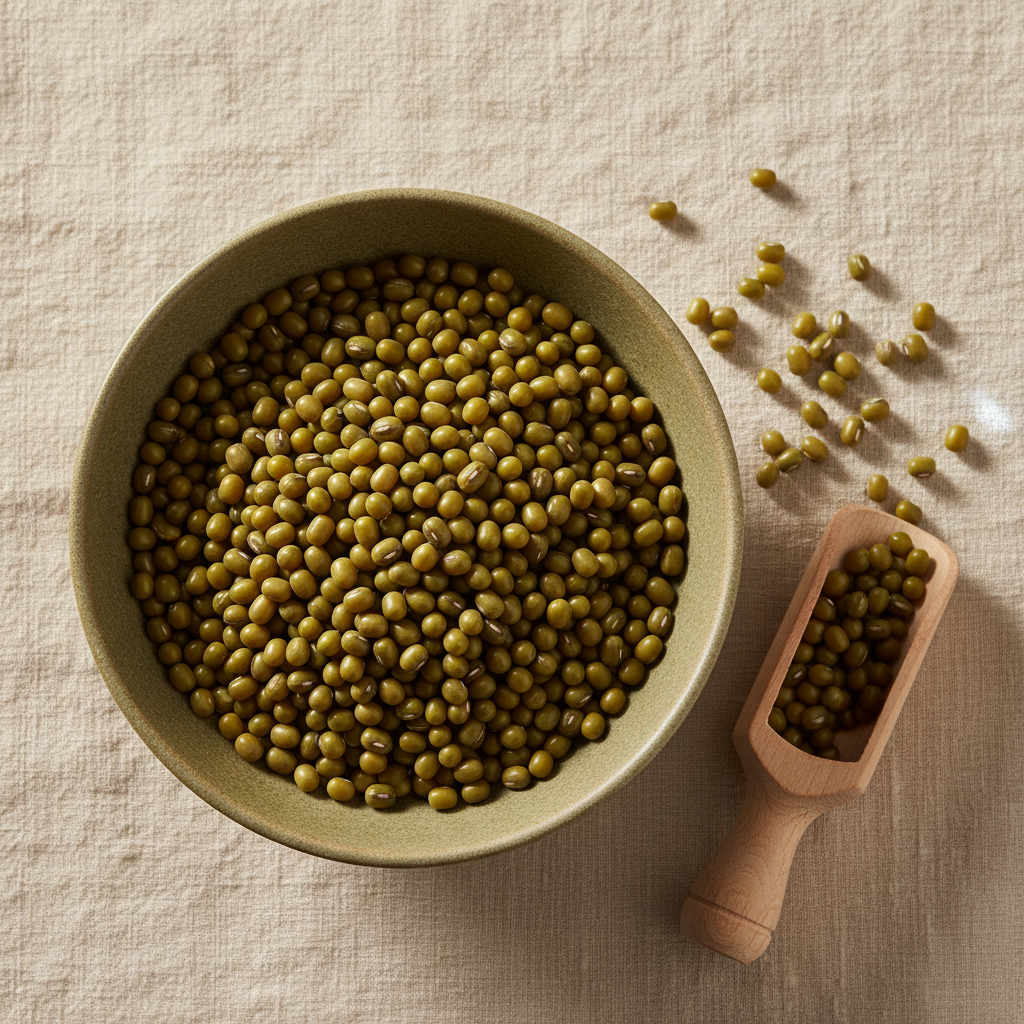 A fresh alternative premium product image for whole green moong beans: styled overhead editorial composition with glossy green beans in a matte ceramic bowl beside a small wooden scoop and a few scattered beans on warm cream linen, natural soft daylight, sophisticated gourmet food photography, no packaging, no text, square composition.