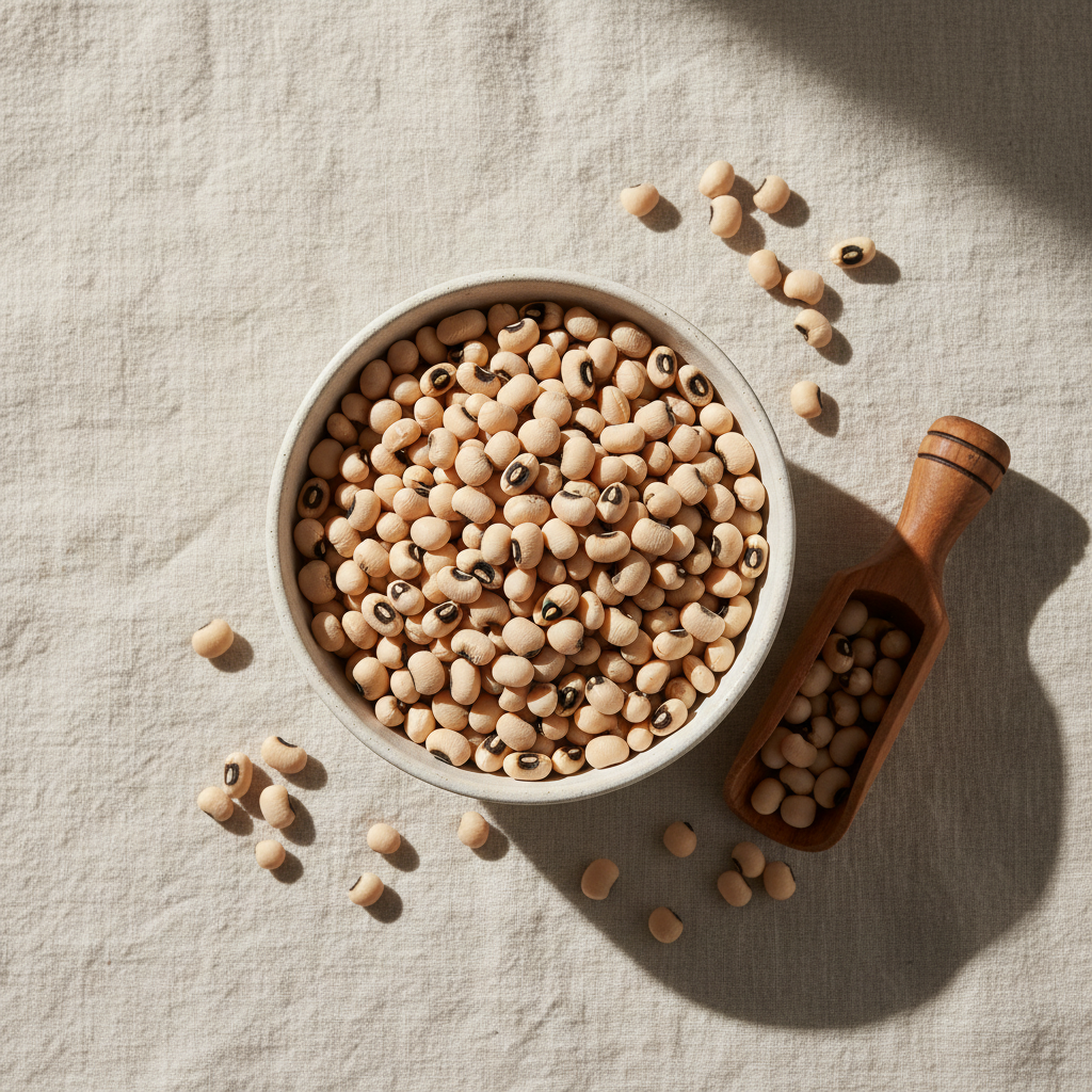 A fresh alternative premium product image for black eyed peas: styled overhead editorial composition with ivory beans and their dark centers in a matte ceramic bowl beside a small wooden scoop and a few scattered beans on warm cream linen, natural soft daylight, sophisticated gourmet food photography, no packaging, no text, square composition.