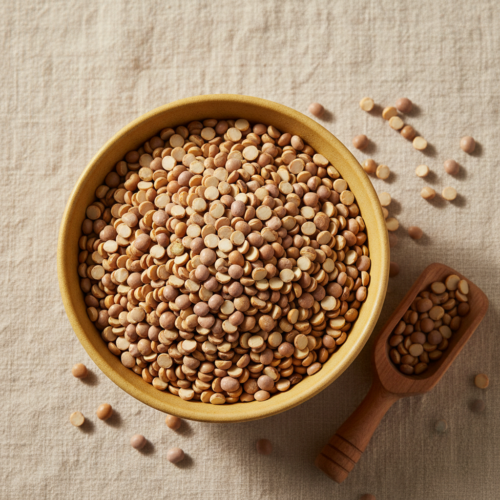 A fresh alternative premium product image for split pigeon peas: styled overhead editorial composition with warm golden toor dal in a matte ceramic bowl beside a small wooden scoop and a few scattered lentils on warm cream linen, natural soft daylight, sophisticated gourmet food photography, no packaging, no text, square composition.