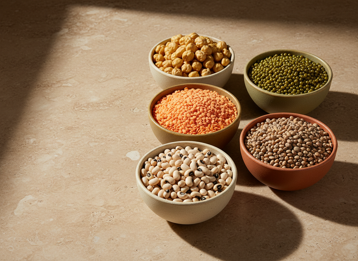 A sophisticated, premium editorial food photograph for a luxury pulses and dry-goods trading company: an elegant arrangement of assorted pulses—chickpeas, red lentils, green mung beans, black-eyed peas, and pigeon peas—in refined ceramic bowls on a warm neutral stone surface, soft directional studio light, subtle shadows, rich earthy colors, minimalist high-end commercial food styling, generous clean space for overlaid text, no labels, no packaging, no people.