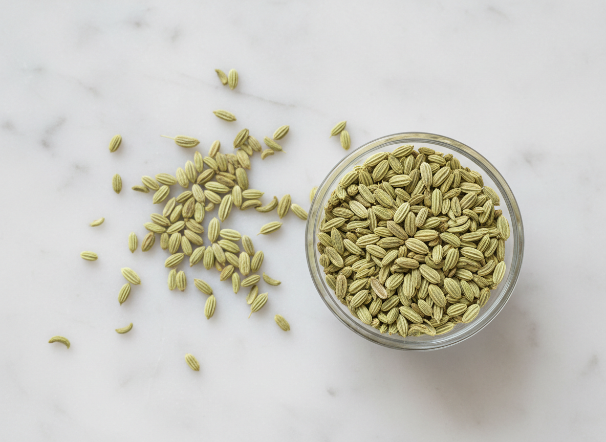 Light green fennel seeds in a small glass bowl on a white marble surface