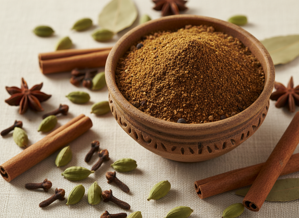 Dark brown garam masala spice blend in a small rustic bowl with whole spices surrounding it on a warm cream surface