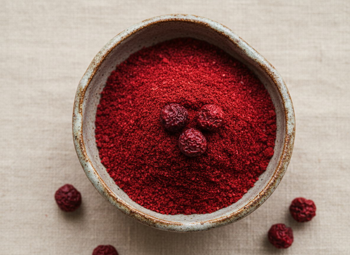 Vibrant deep-red sumac spice powder in a small ceramic bowl with dried sumac berries on a warm beige surface