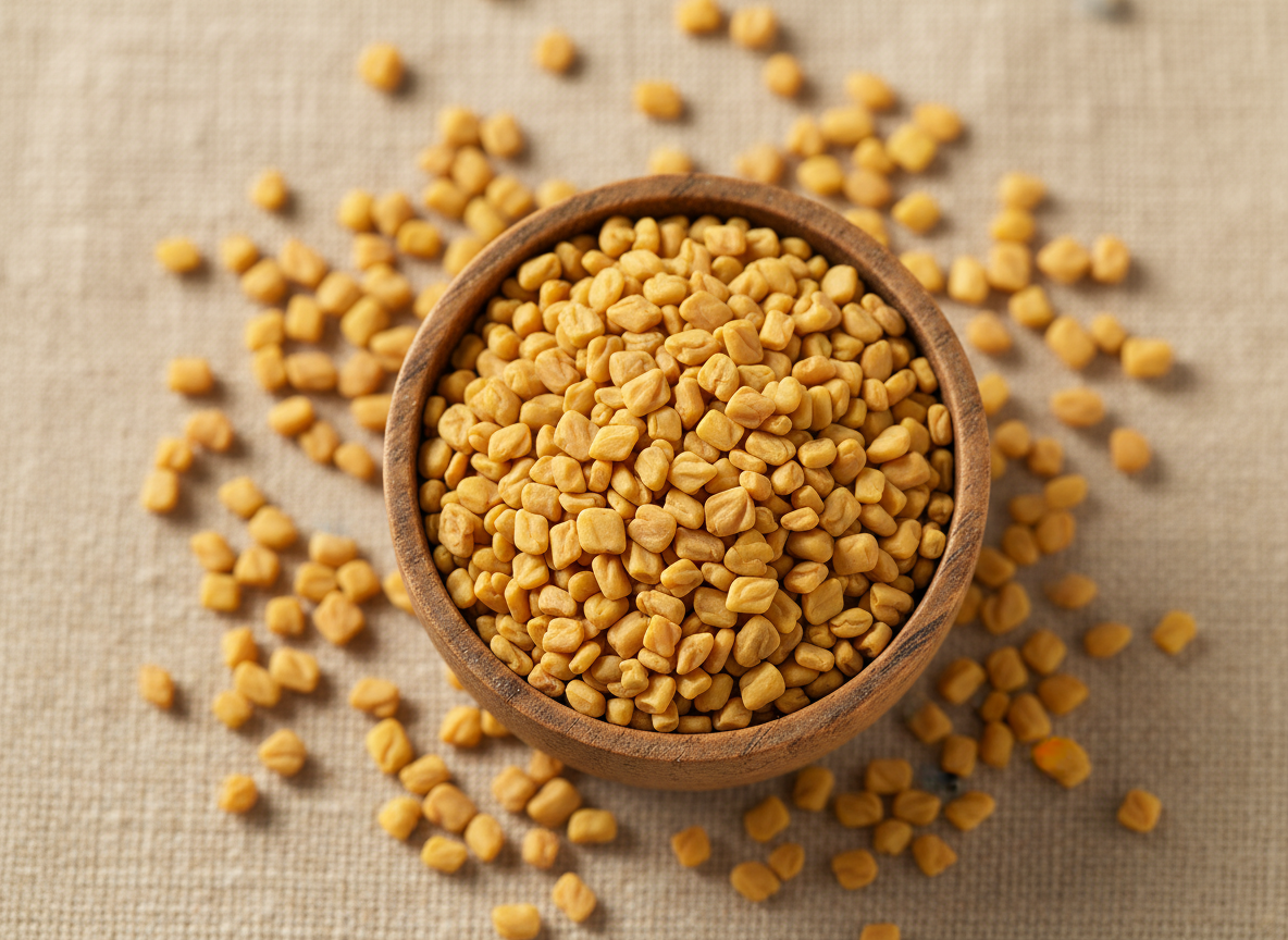 Golden-yellow fenugreek seeds in a small wooden bowl on a warm neutral background