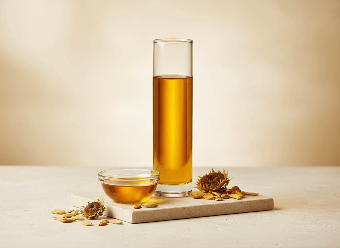 A premium commercial product photograph for a global edible-oils trading company: a refined glass bottle and small clear bowl of golden sunflower oil on warm cream stone, subtle botanical sunflower accents, elegant studio lighting, rich amber and cream palette, luxurious minimal composition, no text, no logos, landscape 4:3 composition.