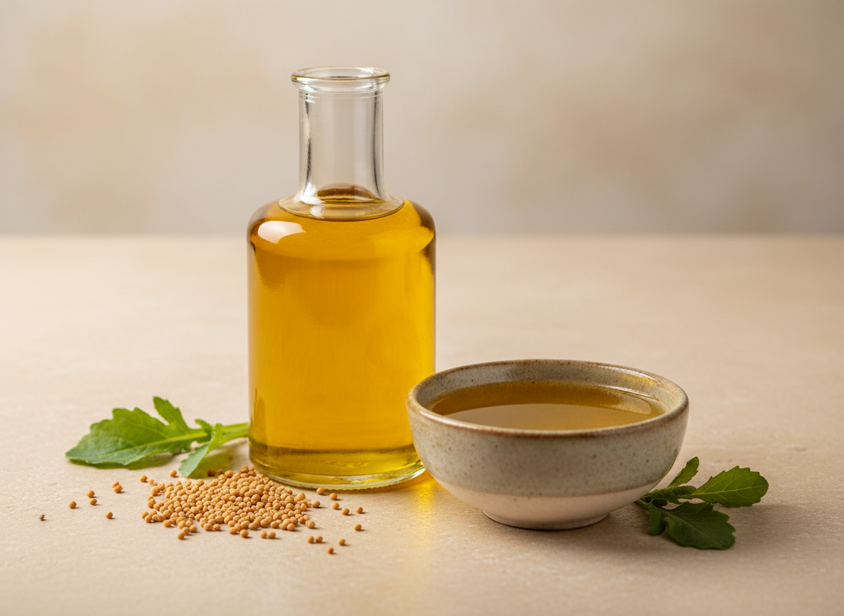 A premium commercial product photograph for a global edible-oils trading company: an elegant amber glass bottle and small ceramic bowl of golden mustard oil on warm cream stone, subtle mustard seeds and leafy botanical accents, refined studio lighting, luxurious minimal composition, no text, no logos, landscape 4:3 composition.