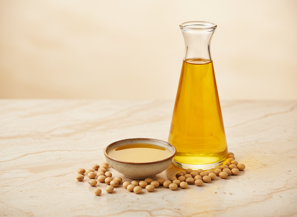 A premium commercial product photograph for a global edible-oils trading company: a clear glass bottle and small bowl of bright golden soybean oil on warm cream stone, a few soybeans arranged elegantly, refined studio lighting, luxurious minimal composition, no text, no logos, landscape 4:3 composition.