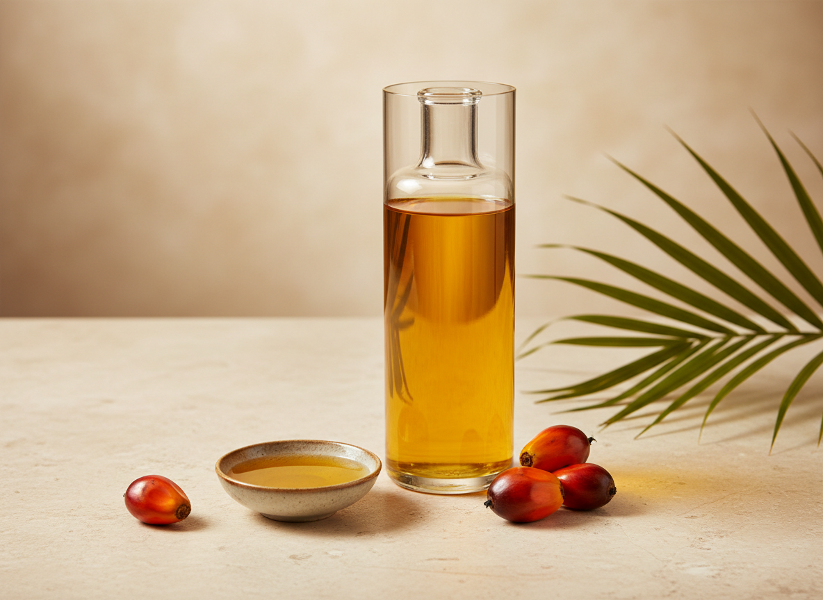 A premium commercial product photograph for a global edible-oils trading company: a refined clear bottle and small bowl of rich golden palm oil on warm cream stone, tasteful palm fruit and leaf accents, elegant studio lighting, luxurious minimal composition, no text, no logos, landscape 4:3 composition.