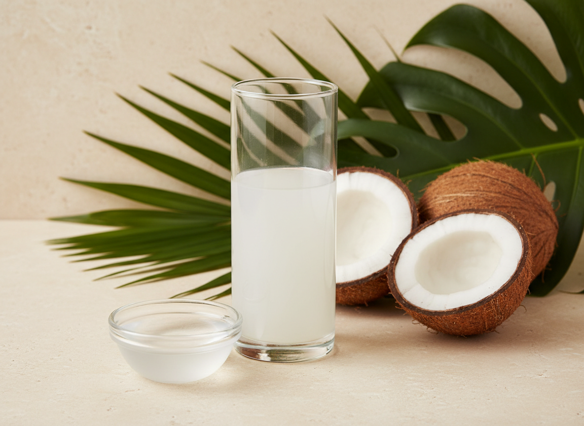 A premium commercial product photograph for a global edible-oils trading company: an elegant clear glass bottle and small bowl of pure coconut oil on warm cream stone, subtle coconut halves and tropical leaf accents, refined studio lighting, luxurious minimal composition, no text, no logos, landscape 4:3 composition.