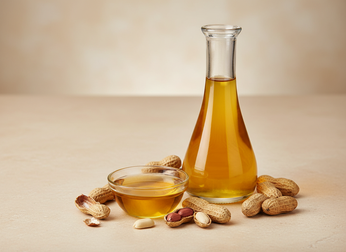 A premium commercial product photograph for a global edible-oils trading company: an elegant clear glass bottle and small bowl of rich golden groundnut oil on warm cream stone, a few roasted peanuts arranged tastefully, refined studio lighting, luxurious minimal composition, no text, no logos, landscape 4:3 composition.