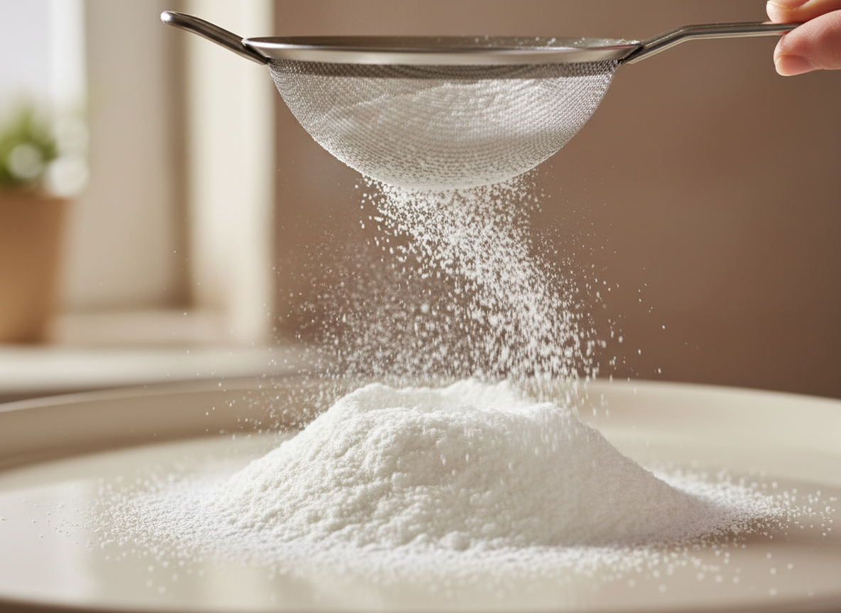 Icing sugar being sifted through a fine sieve