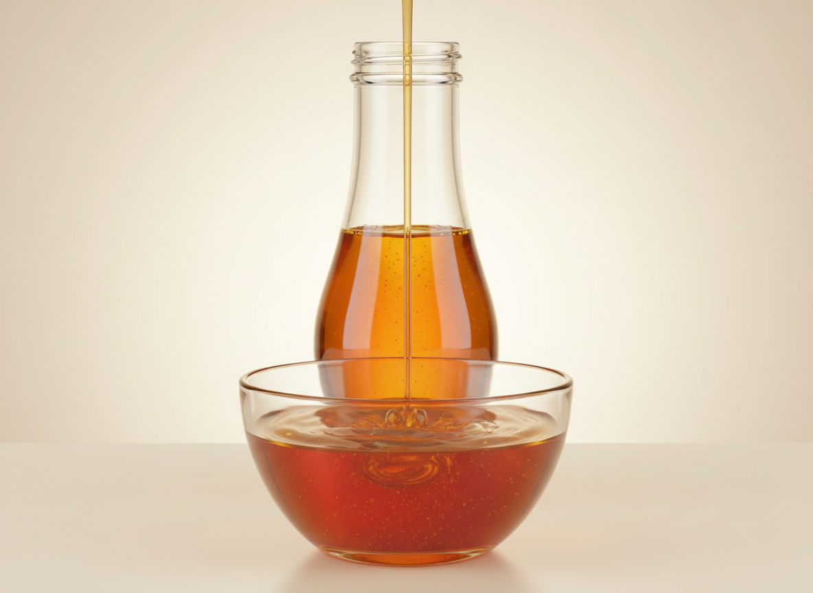 Golden liquid sugar syrup pouring from a glass bottle