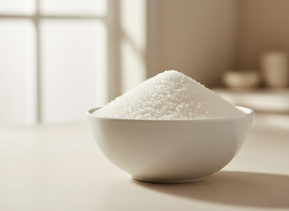 Bowl of white refined granulated sugar