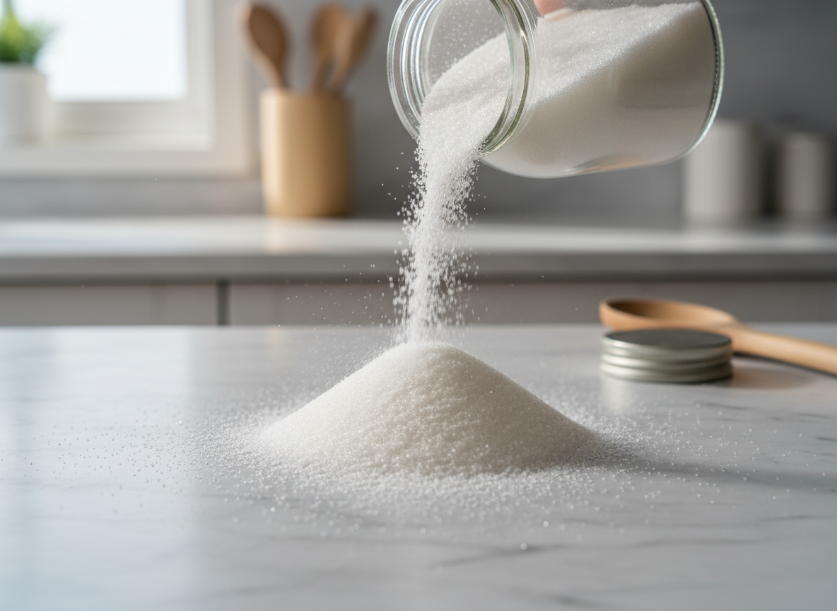 Fine caster sugar pouring from a glass jar