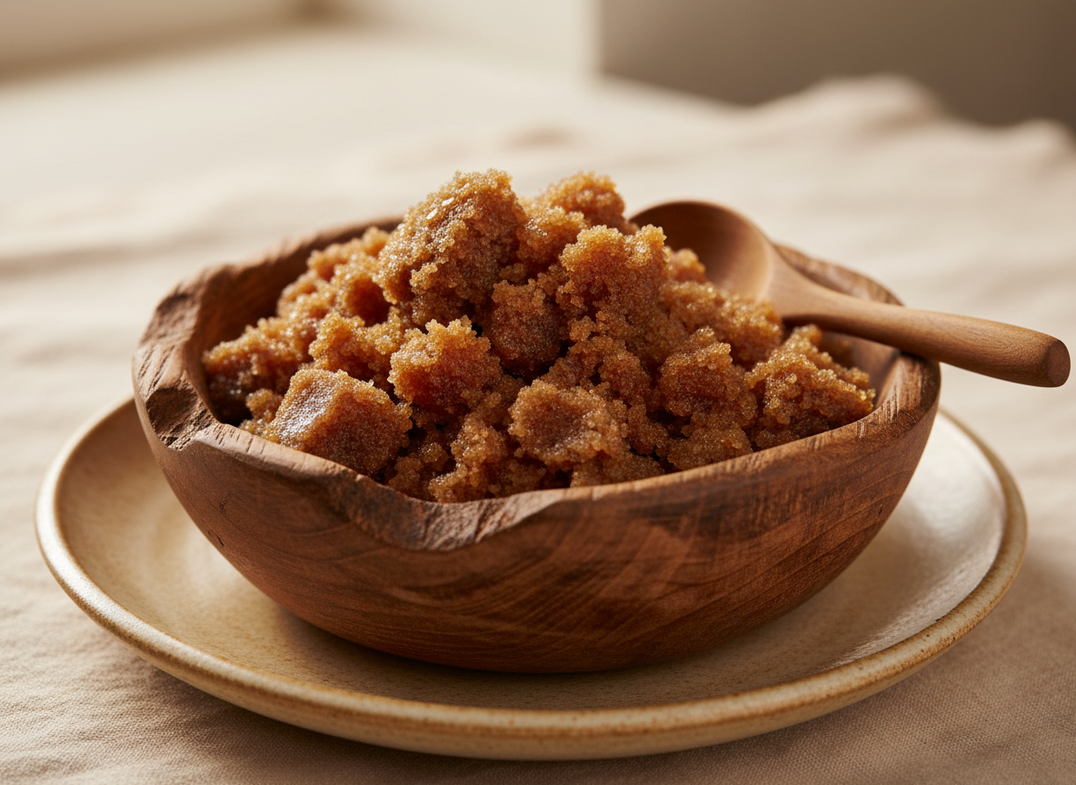 Wooden bowl of soft brown sugar