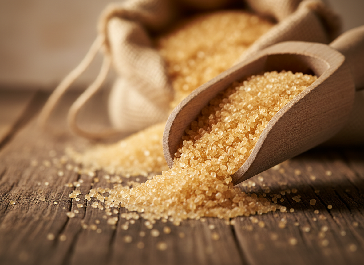 Golden sugar crystals spilling from a wooden scoop on a dark wooden surface